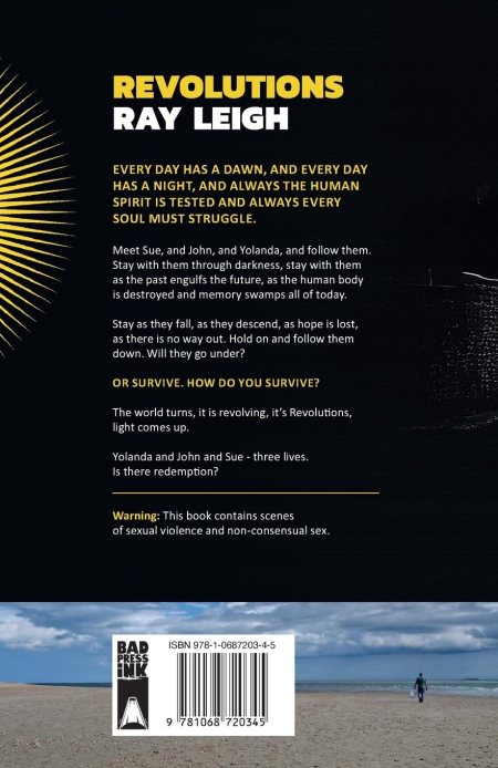 Back cover of the book 'Revolutions' by Ray Leigh, featuring a summary of the story and a warning about its contents.